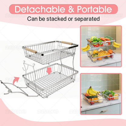 Fruit Basket Bowl 2 Tier Detachable with 2 Banana Hangers, Fruit Stand Holder for Kitchen Countertop, Metal Wire Vegetable Storage Organizer, for Bread Snack Veggies Produce, Black