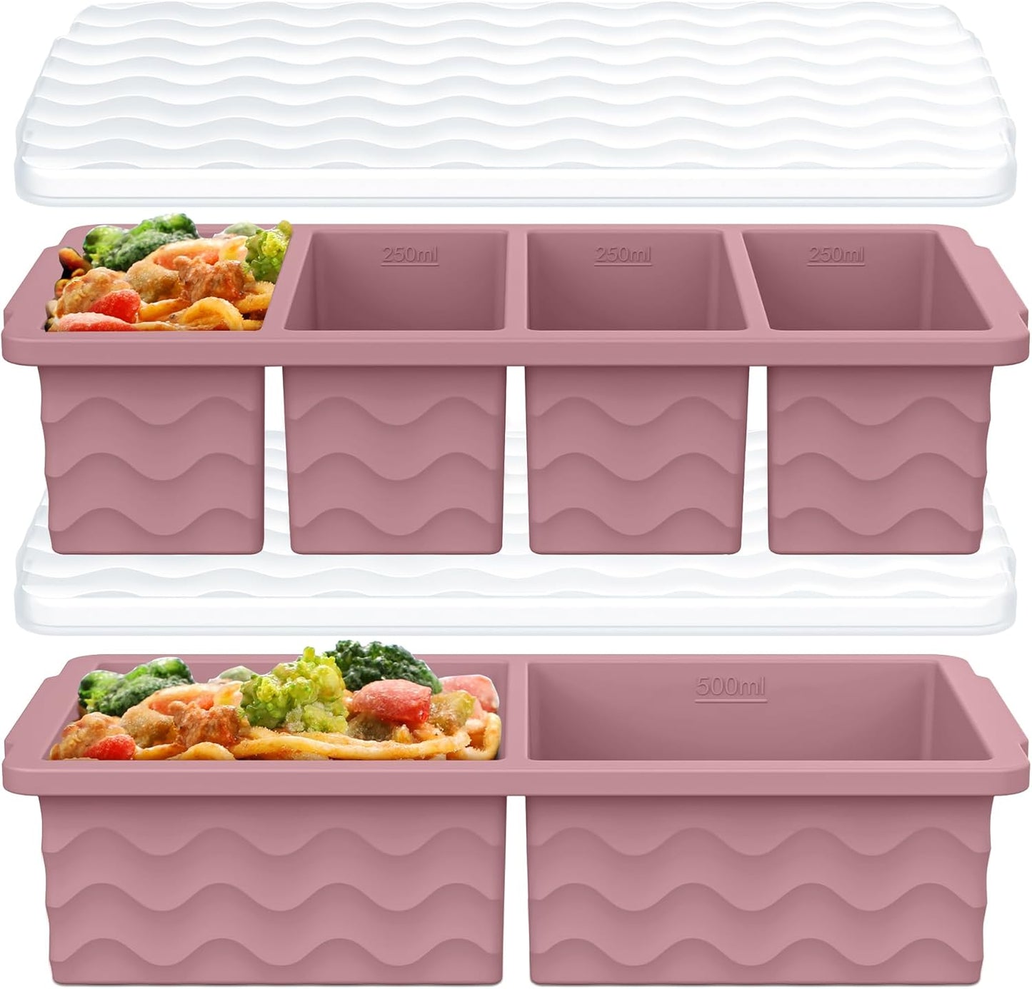 Silicone Freezer Trays with Lid for Soup, 1-Cup & 2-Cup Large Ice Cube Molds Food Storage Containers for Meal Prep, Freeze 500mL/250mL/125mL Portions – 2 Pack
