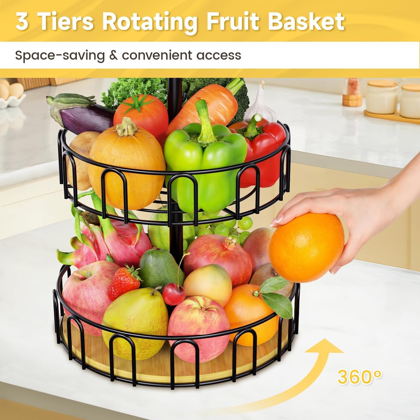 PouHenier.jh 3 Tier Rotating Fruit Basket Bowl, Kitchen Counter Wire Produce Organizer Holder, Stable Vegetable Storage Stand with 2 Banana Hangers, Countertop Tiered Veggie Rack, Easy Setup, Black