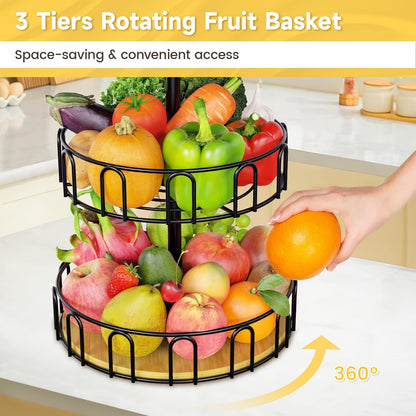 PouHenier.jh 3 Tier Rotating Fruit Basket Bowl, Kitchen Counter Wire Produce Organizer Holder, Stable Vegetable Storage Stand with 2 Banana Hangers, Countertop Tiered Veggie Rack, Easy Setup, Black