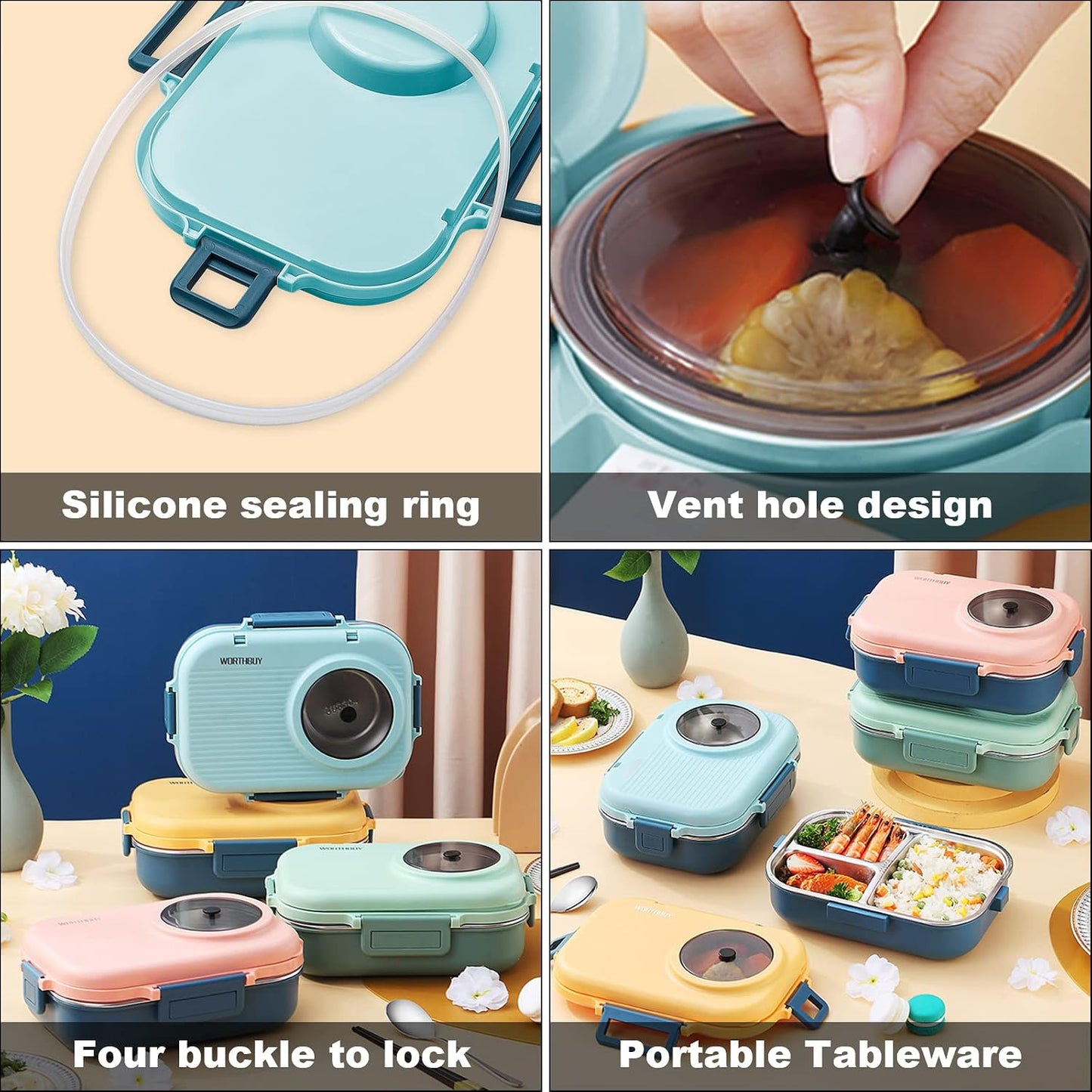 3 Compartments Bento Lunch box with Soup Bowl, Insulated Lunch Bag and Portable Utensils, Stainless Steel Camera Lunch Containers，Leak Proof Bento Box for Kids Adults Men Women…