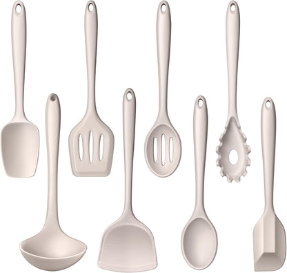 LIANYU Non-Toxic Silicone Kitchen Utensils Set, 8 Piece Non-Scratch Cooking Spoons & Spatulas, Stainless Steel Core, Heat Resistant & Dishwasher Safe, Khaki