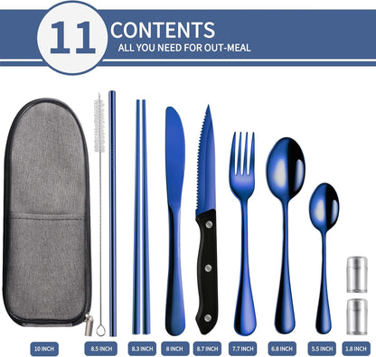 Logcow Travel Utensils Set with Case, 10-Piece Reusable Stainless Steel Camping Cutlery, Portable Fork Spoon Knife Chopsticks & Straw for Work, Lunch, Picnic (Rainbow)