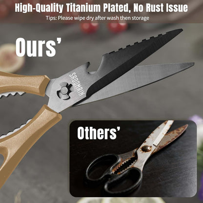 Kitchen Scissors All Purpose, Extra Sharp Kitchen Shears with Knife Sharpener & Sheath, Solid & Durable Stainless Steel Scissors with ANTI-RUST Black Titanium Plated, Dishwasher Safe - Black