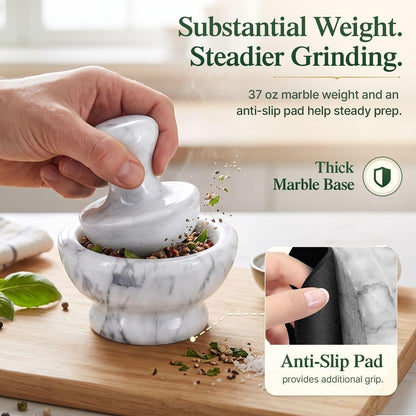 Flexzion Small Marble Mortar and Pestle Set, 4-Inch 1/2-Cup Bowl, White