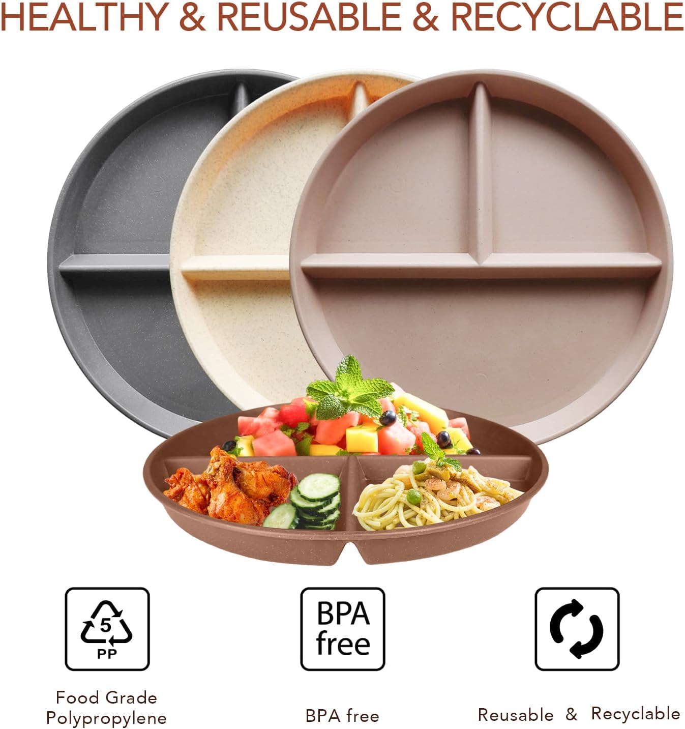 greenandlife 9 Inch 4PCS Portion Control Plates with Lids, Divided Plates for Kids Adults, Dishwasher Microwave Safe Compartment Plate, Unbreakable Lightweight Reusable Wheat Straw Plate, Earth Tone