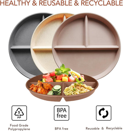 greenandlife 9 Inch 4PCS Portion Control Plates with Lids, Divided Plates for Kids Adults, Dishwasher Microwave Safe Compartment Plate, Unbreakable Lightweight Reusable Wheat Straw Plate, Earth Tone