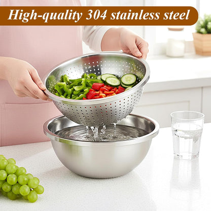 304 Stainless Steel Colander and Strainer, 5QT Large Capacity with Mixing Bowl, Micropore for Washing Rice, Vegetables, Fruit, Grain, Bean, and Draining Cooked Pasta, Dishwasher Safe