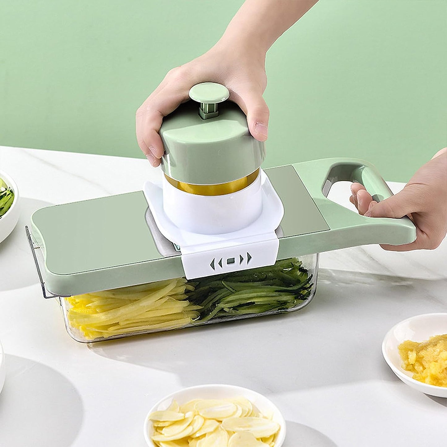 Vegetable Chopper, 7 in 1 Mandoline Food Slicer Cutter with Handheld Container, 6 Blades and Blade Box, Cheese Grater, Cucumber Slicer, Magnetic Kitchen Tools for Veggie Potato Onion Butter Carrot