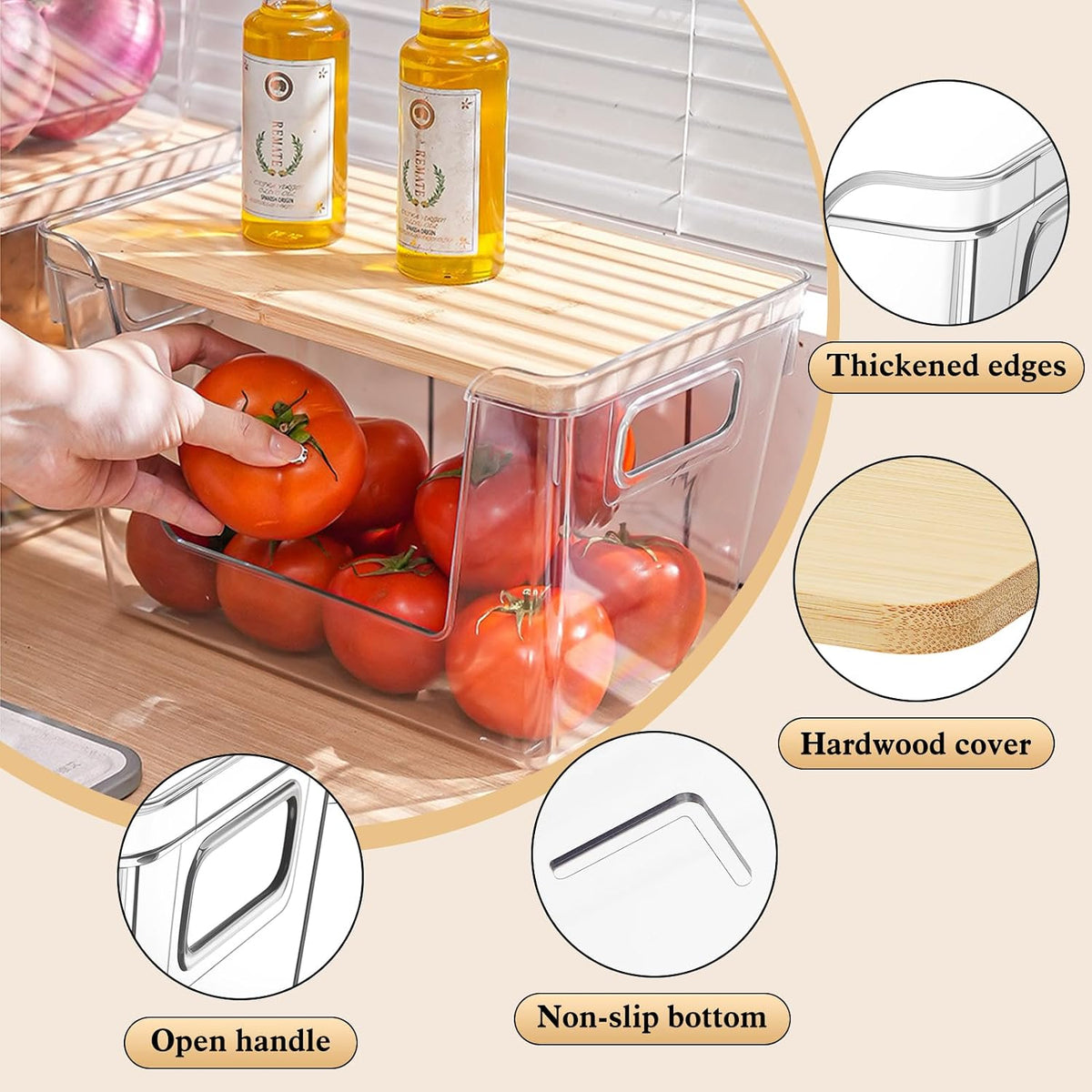 4 Set Stackable Storage Plastic Container with Removable Bamboo Cover | Kitchen Organizers Clear Front Open More Easy Access Bins Storage for Pantry, Potato, Onion, Garlic, Fruits, Vegetable