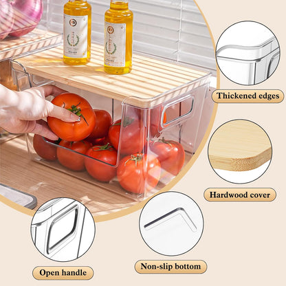 4 Set Stackable Storage Plastic Container with Removable Bamboo Cover | Kitchen Organizers Clear Front Open More Easy Access Bins Storage for Pantry, Potato, Onion, Garlic, Fruits, Vegetable