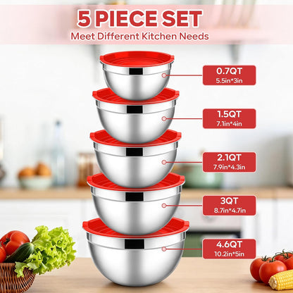 E-far Mixing Bowls With Lids Sets of 5, 10-Piece Stainless Steel Salad Metal Nesting Bowl for Baking Cooking and Prepping, Airtight Lid & Stackable Design, Size 4.6, 3, 2.1, 1.5, 0.7 QT, Black