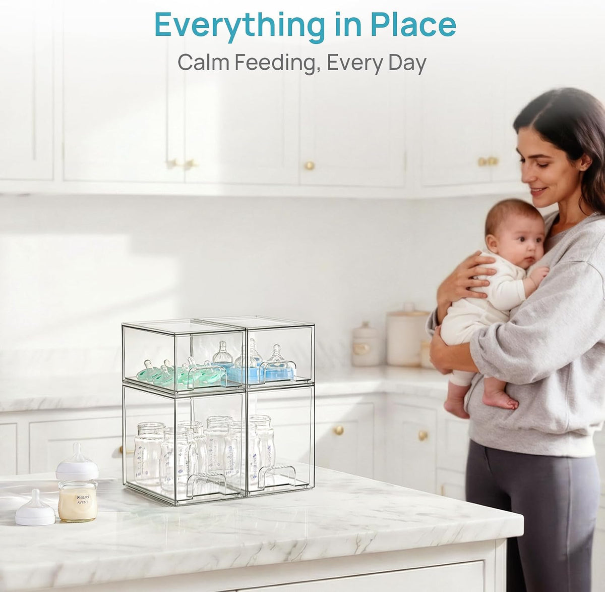 Vtopmart Stackable Storage Drawers Set of 5, Clear Plastic Organizer Bins for Baby Bottle, Beauty Supplies Storage, Ideal for Kichen Countertop, Vanity, Bathroom, Cabinet, Pantry Organization