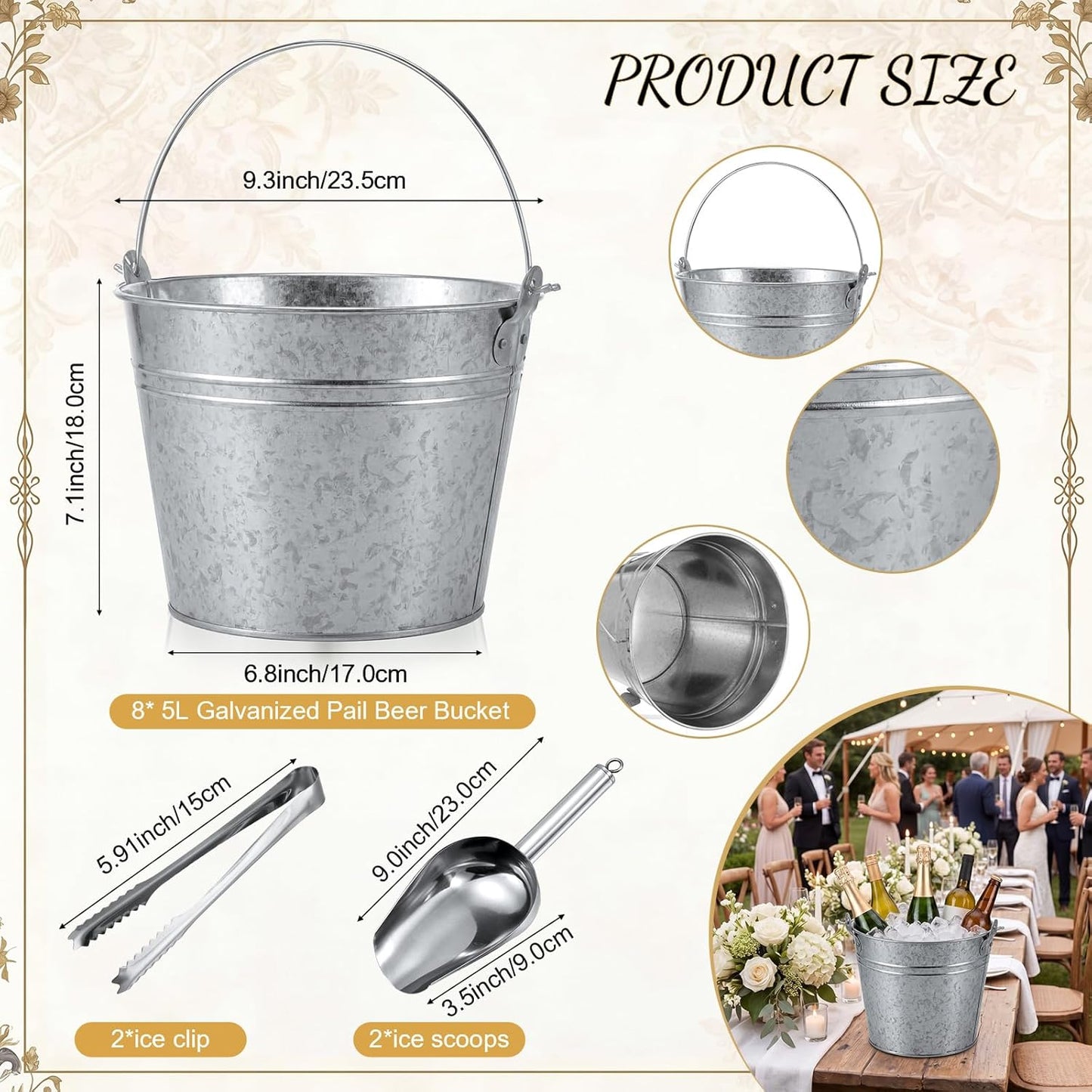 Zopeal 12 Pcs Galvanized Beer Bucket Set, Includes 8 Metal Ice Buckets 5qt with 2 Scoops & 2 Tongs, Round Slive Pails Bulk for Weddings Birthday Beach Pool Party Supplies Summer Table Centerpieces