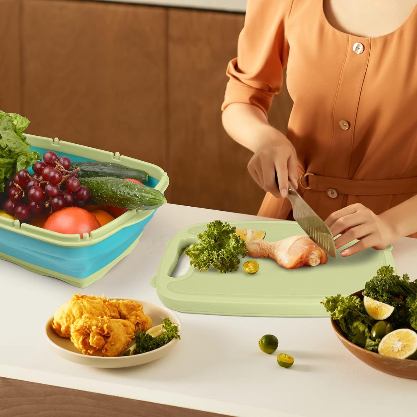 9-in-1Collapsible Cutting Board with Colander Wash Basket Camping RV Gift