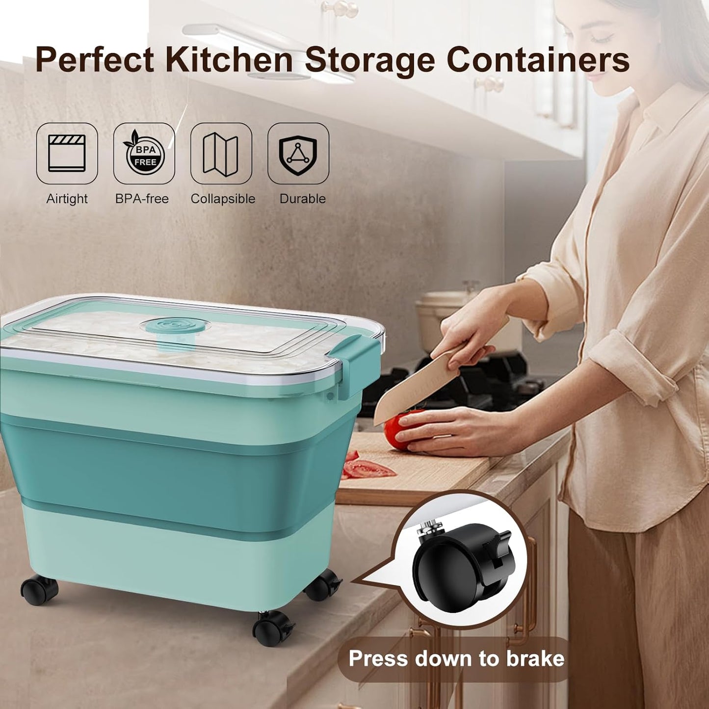 Komzon Rice Storage Container, Collapsible Airtight 10-40 Lb Rice Storage Container, 25lb Pet Dog Food Storage Container, Rice Dispenser Bin with Cup and Scoop for Flour Cereal Pasta Grain, Cat Bird