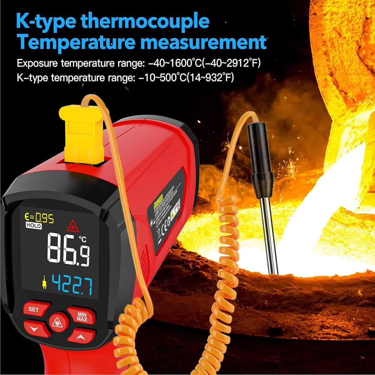 Infrared Thermometer Gun, Non Contact Digital Laser Thermometer Temperature Gun with Color LCD for Cooking, Home Repairs, Humidity Measurement, Adjustable Emissivity -58°F to 1472°F(-50~800°C)