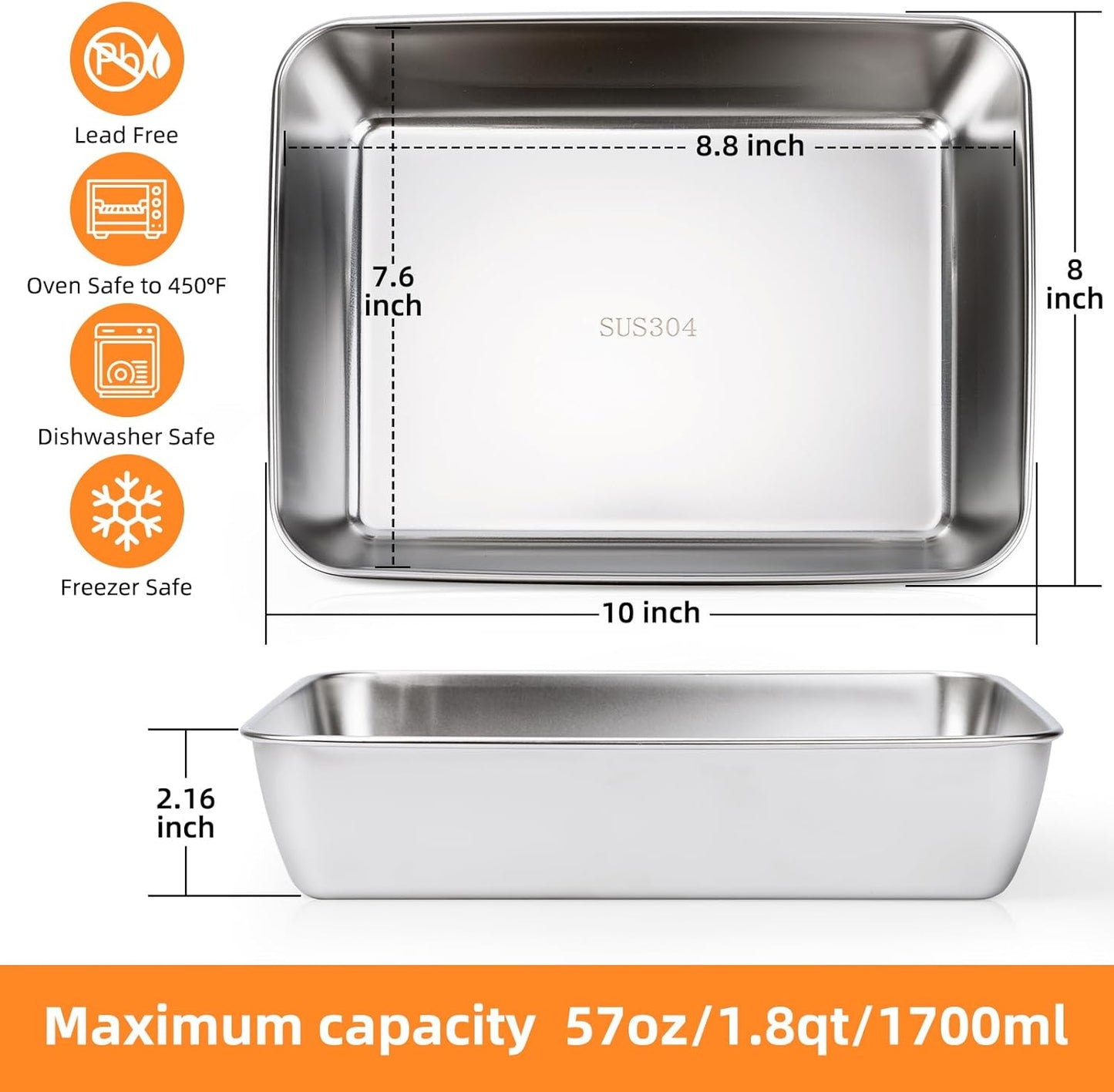 4 PCS Stainless Steel Food Storage Containers with lids,2.16 Inch Deep, 8x10 Inch Stainless Steel Oven plate, Metal Roasting Pan for Meal Prep、Meat, Rustproof & Heavy, Freezer & Dishwasher Safe