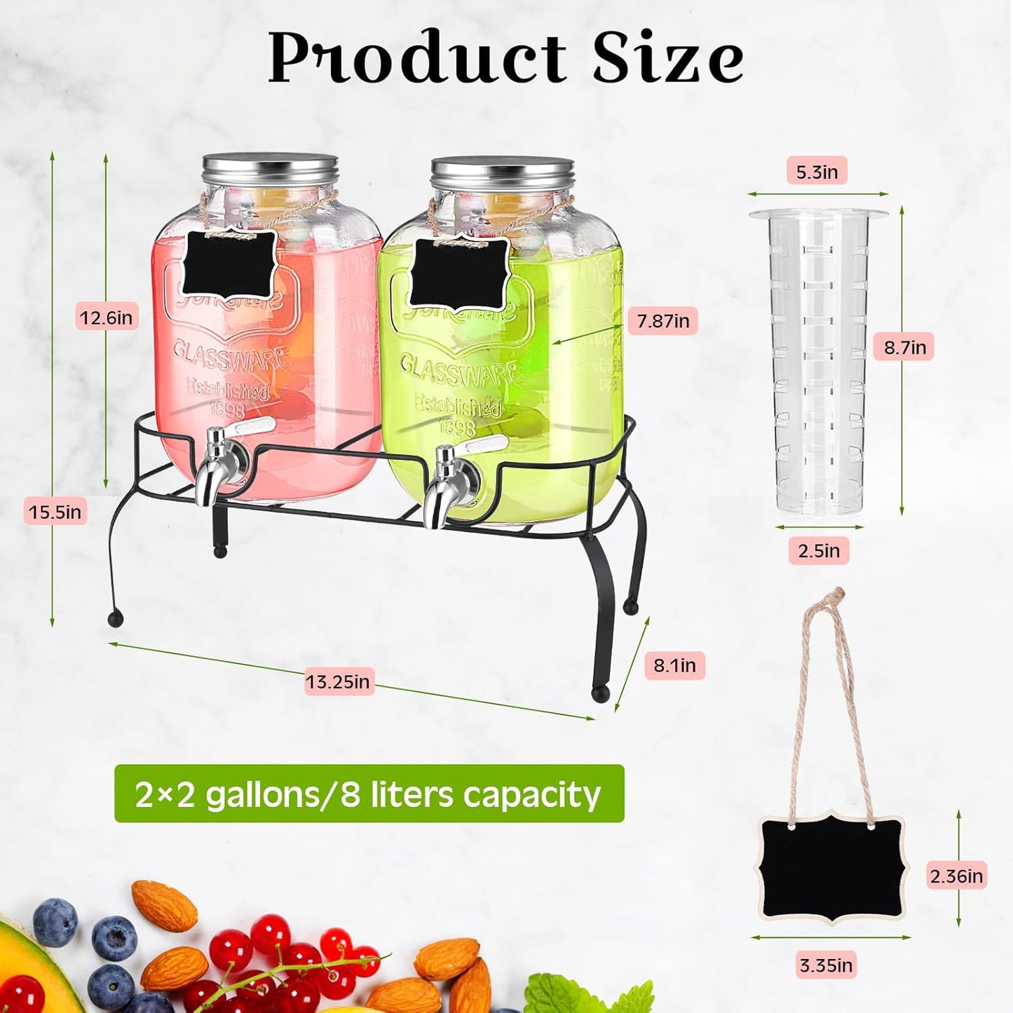 Lallisa 2 Pcs 2 Gallon Glass Drink Dispenser with Stand Ice Cylinder Hanging Chalkboard Signs 18/8 Stainless Steel Spigot Beverage Dispensers for Parties Mason Jar Drink Lemonade (Rose Gold)