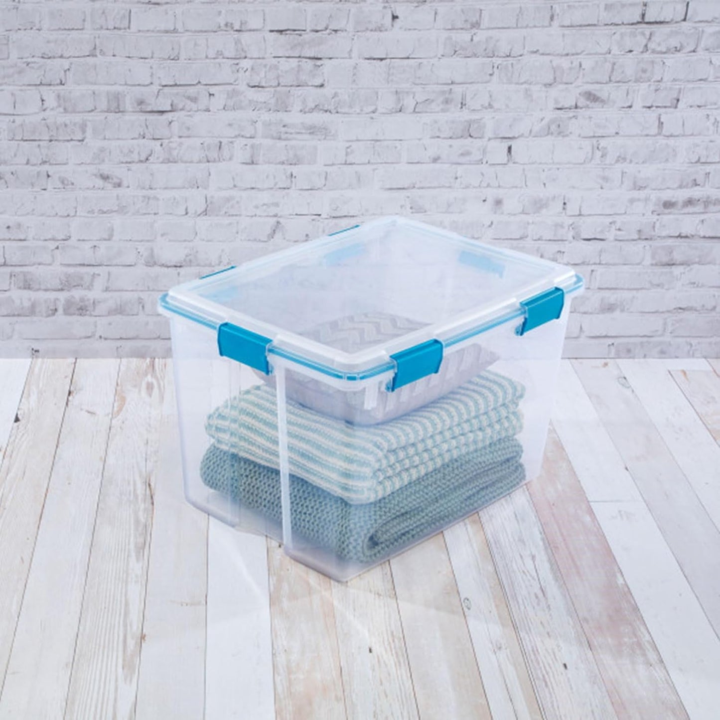 Sterilite 80 Qt Gasket Box, Stackable Storage Bin with Latching Lid and Tight Seal, Plastic Container to Organize Basement, Clear Base and Lid, 1-Pack