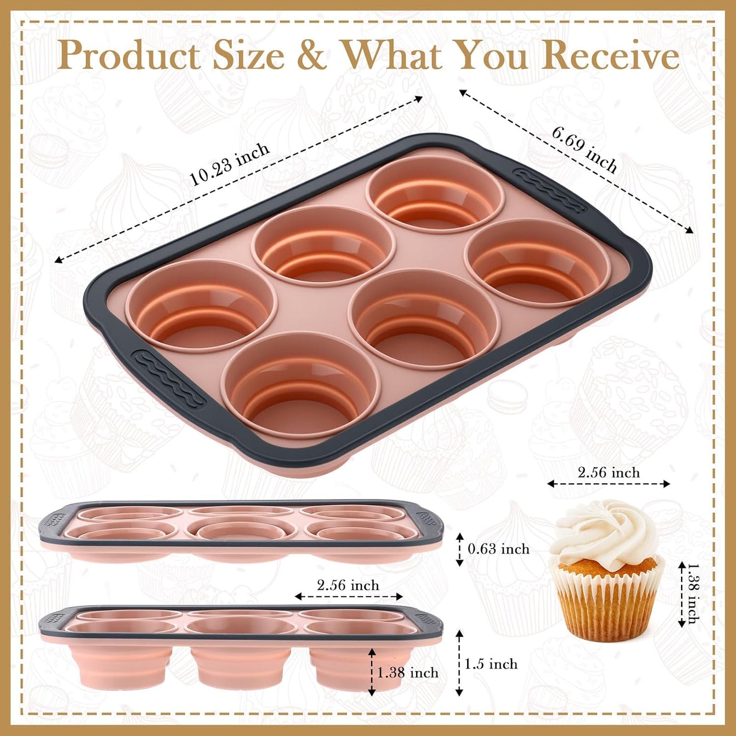 2 Pack Silicone Muffin Pan for Baking with Metal Frame, Collapsible 6 Cup Cupcake Baking Tray, Nonstick Bpa Free Silicone Muffin Tins for Oven, Dishwasher Safe Foldable Cupcake Molds (Pink)