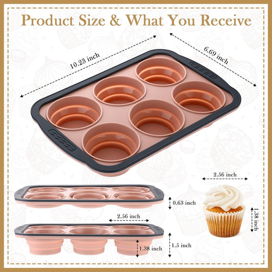 2 Pack Silicone Muffin Pan for Baking with Metal Frame, Collapsible 6 Cup Cupcake Baking Tray, Nonstick Bpa Free Silicone Muffin Tins for Oven, Dishwasher Safe Foldable Cupcake Molds (Pink)