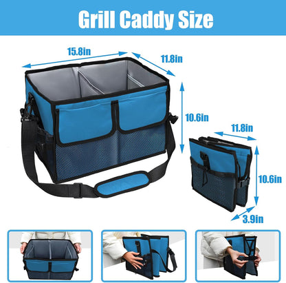 Large Grill Caddy with Paper Towel Holder - BBQ Caddy Organizer for Utensil, Condiment - Easy Carry Picnic Caddy - Griddle Caddy for Camping, Travel, RV - 600D Waterproof Oxford Fabric