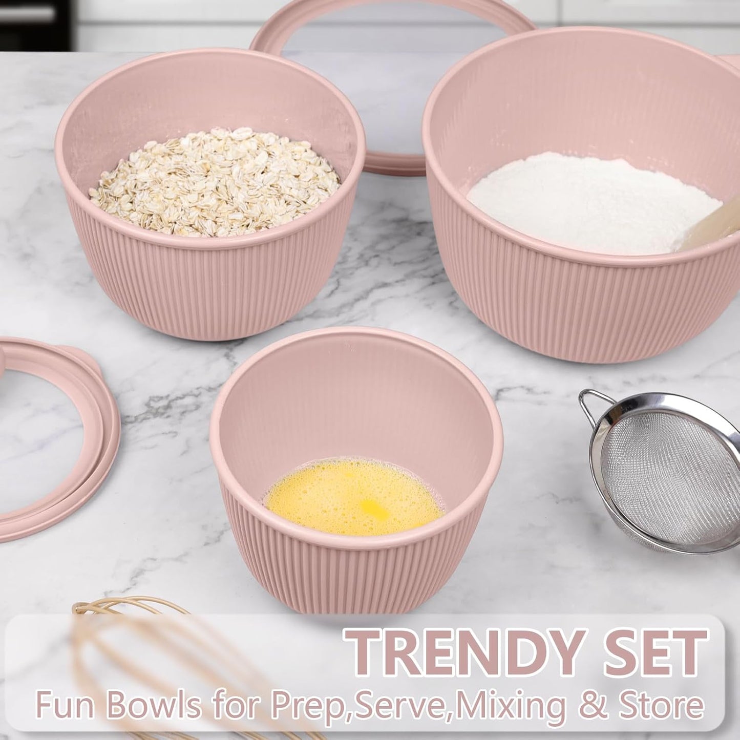 BoxedHome Plastic Mixing Bowls with Lids Set,4.97QT Large Capacity Deep Nesting Bowl,8 Pieces Set BPA-Free Prep Bowls,Dishwasher & Microwave Safe,Beige