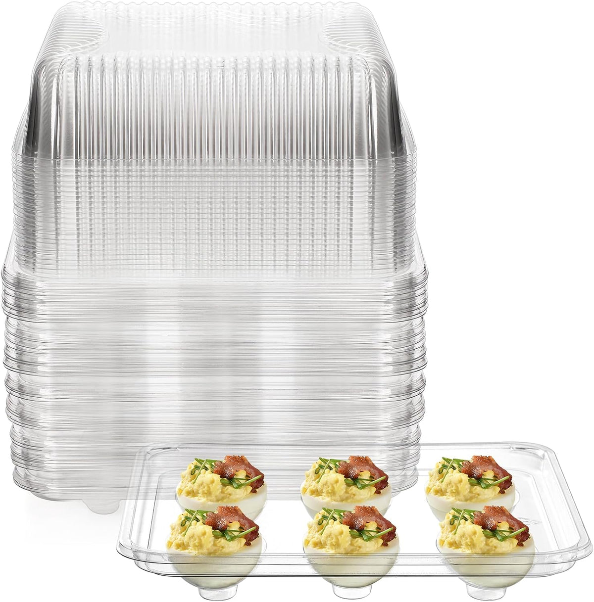 Yopay 50 Pack Deviled Egg Trays with lid, Plastic Clear 6 Slots Deviled Eggs Halves Carrier Deviled Container Dish Plate Holder for Party, Classic Cuisine Trays