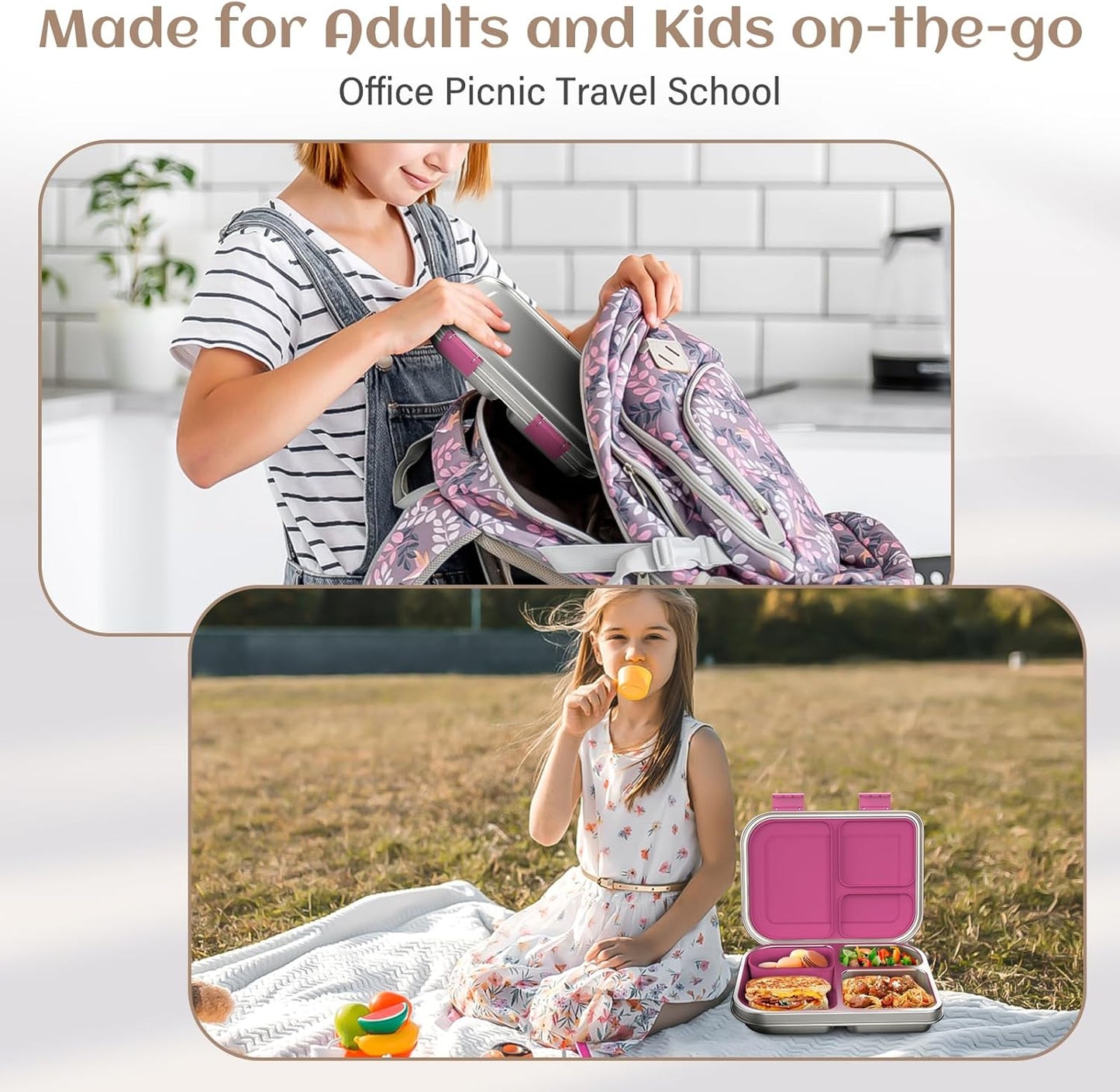 BABHAMNESS Stainless Steel Bento Box Kids, 3 Compartments Leak Proof Metal Bento Lunch Box, 304 Stainless Steel Bento Lunch Containers for School and Office,Dishwasher Safe, BPA-Free-Pink