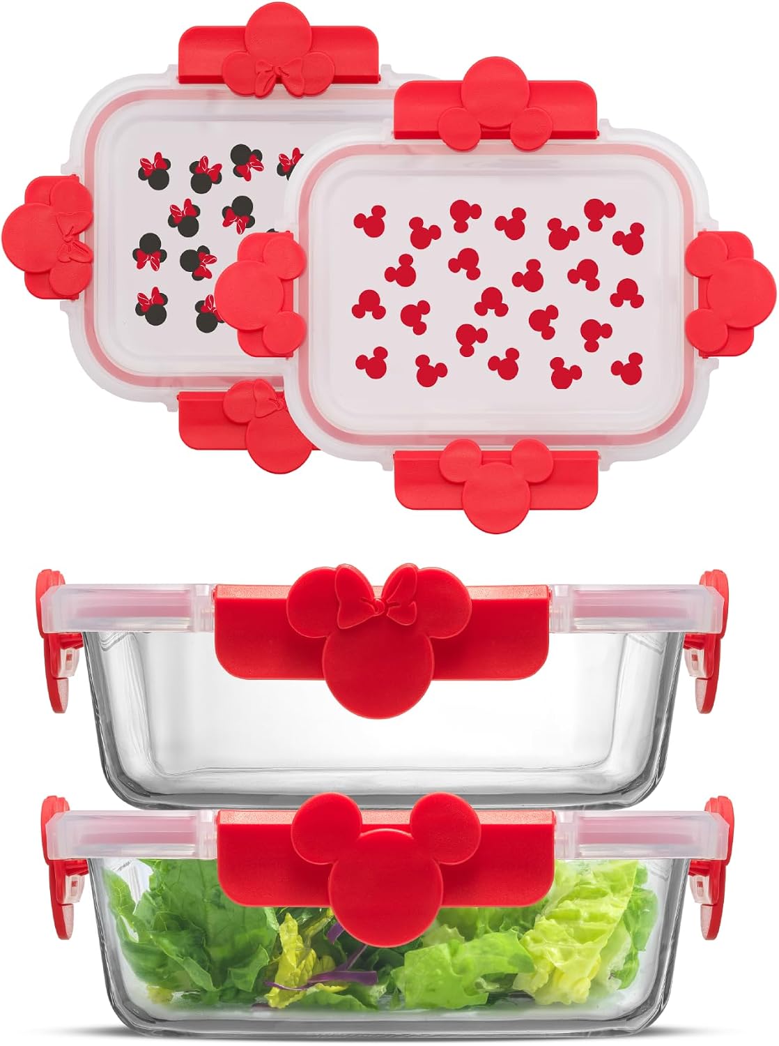 JoyJolt Disney Mickey & Minnie Glass Food Storage Containers with Lids, 2x Airtight Borosilicate Glass Storage Containers with Lids for Kitchen, Reusable Lunch Meal Prep Container, Disney Gifts | Red