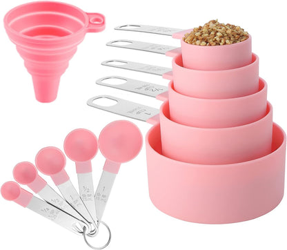 Measuring Cups and Spoons Set of Huygens Kitchen Gadgets 10 Pieces, Stackable Stainless Steel Handle Measuring Cups for Measuring Dry and Liquid Ingredient (Gray)