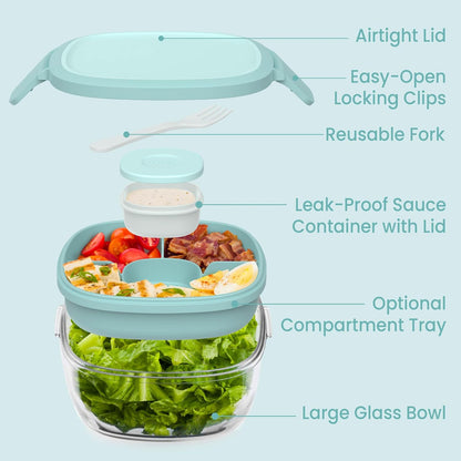 Bentgo Glass Salad Container - 7.6-Cup Salad Bowl with Airtight Lid, Leak-Proof Sauce Container, 4-Compartment Bento Tray & Reusable Fork - BPA-Free for Meal Prep, Office & More (Light Blue)