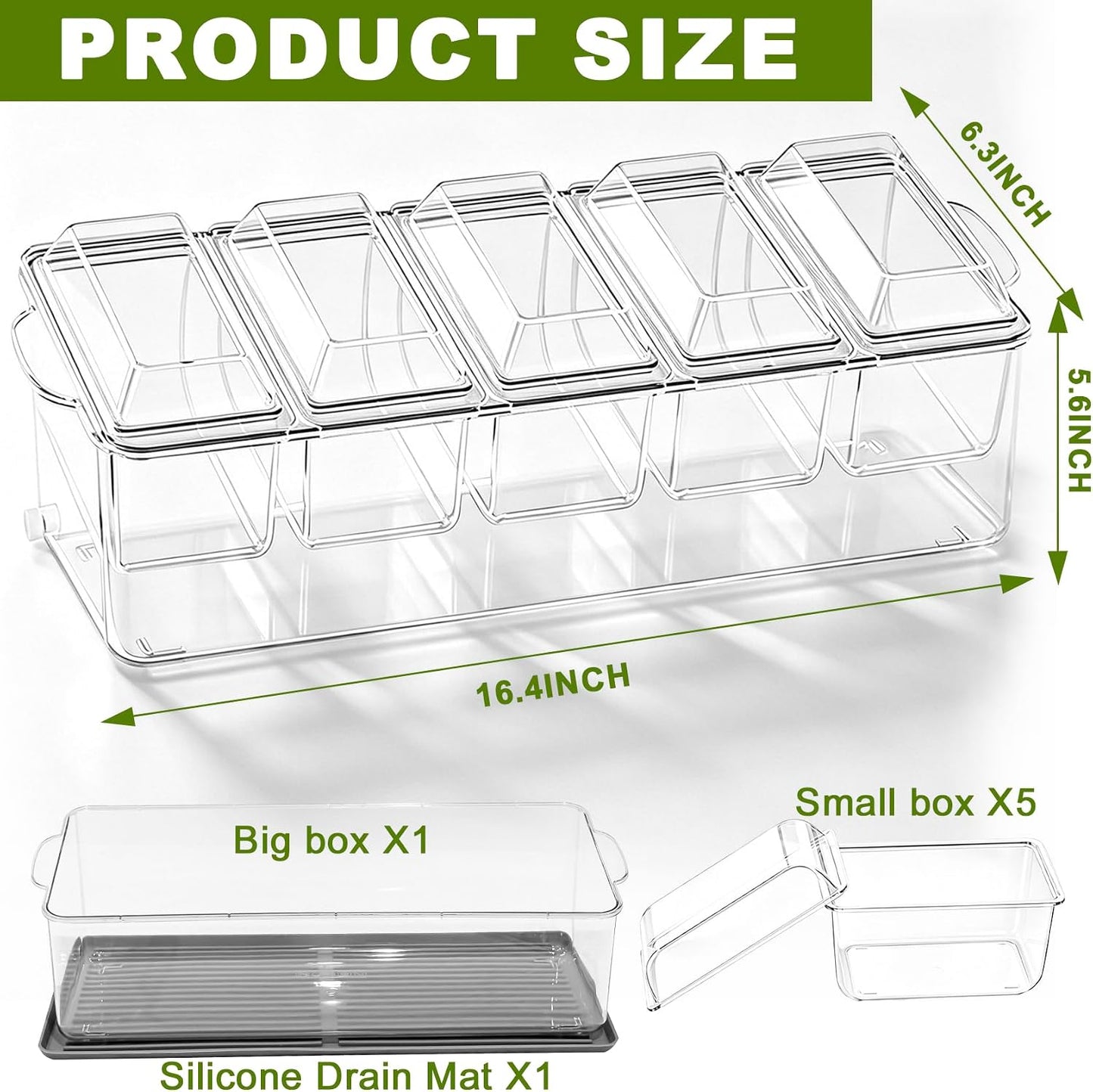 Chilled Condiment Caddy, 5 Containers with Secure Lids, Drain Plug & Gray Silicone Mat, Holds 80 oz Ice. Large Taco Bar Serving Set, Multi-Use for Mimosa Bar, Salad, Fruit, Party Garnishes