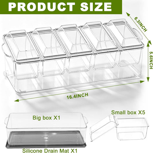 Chilled Condiment Caddy, 5 Containers with Secure Lids, Drain Plug & Gray Silicone Mat, Holds 80 oz Ice. Large Taco Bar Serving Set, Multi-Use for Mimosa Bar, Salad, Fruit, Party Garnishes
