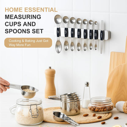 EWFEN Measuring Cups and Spoons Set, 7 Stainless Steel Nesting Measuring Cups & 7 Spoons, 5 Mini Measuring Spoons & 2 Detachable Rings, Kitchen Gadgets for Cooking & Baking, Round