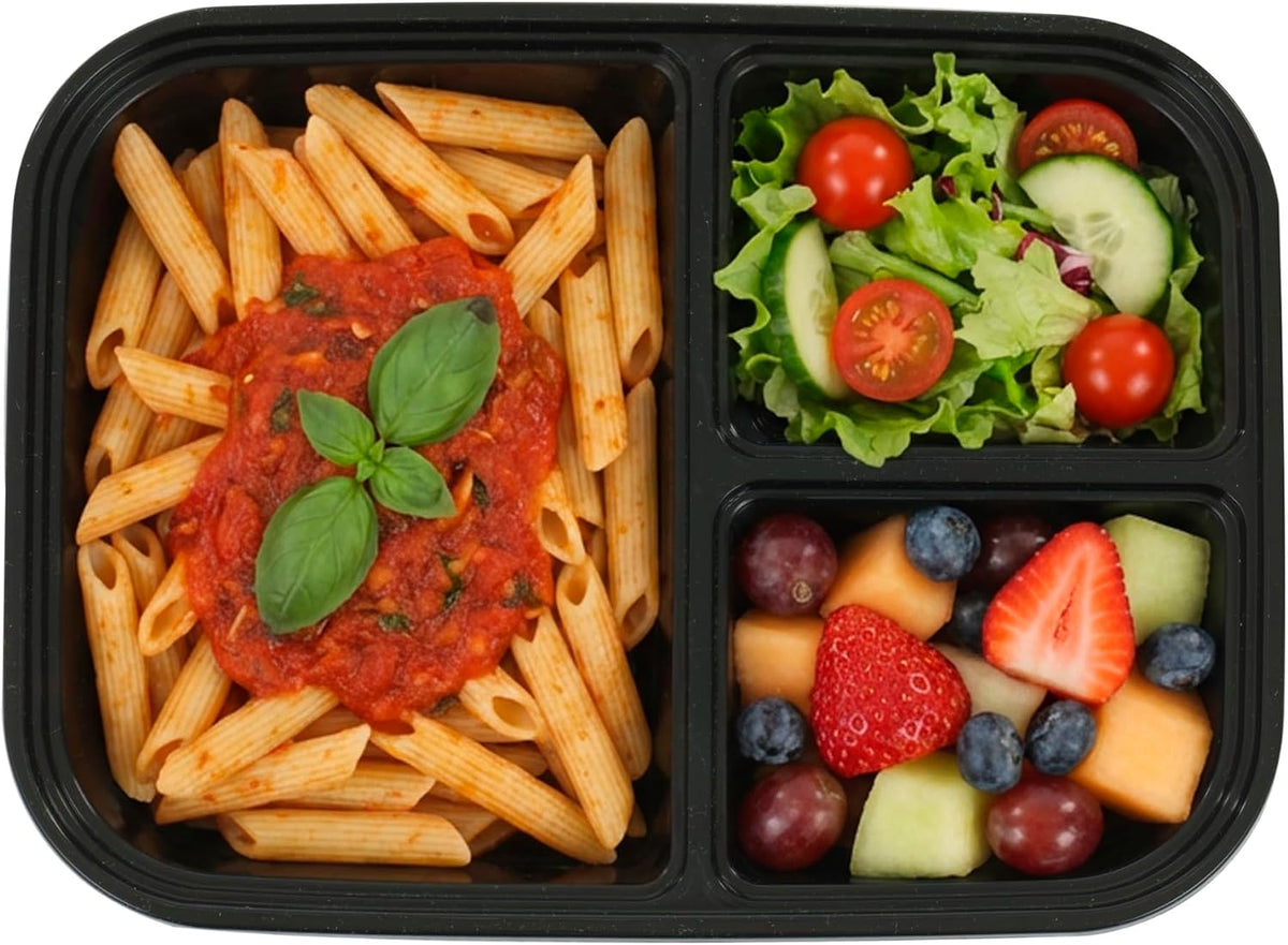 IRIS USA Meal Prep Containers, 36oz - 50 Pack (100-Piece) 3-Compartment Reusable Food Storage Containers with Lids, Plastic Kitchen Food Prep To Go Lunch Box, Microwave Freezer Dishwasher Safe, Black