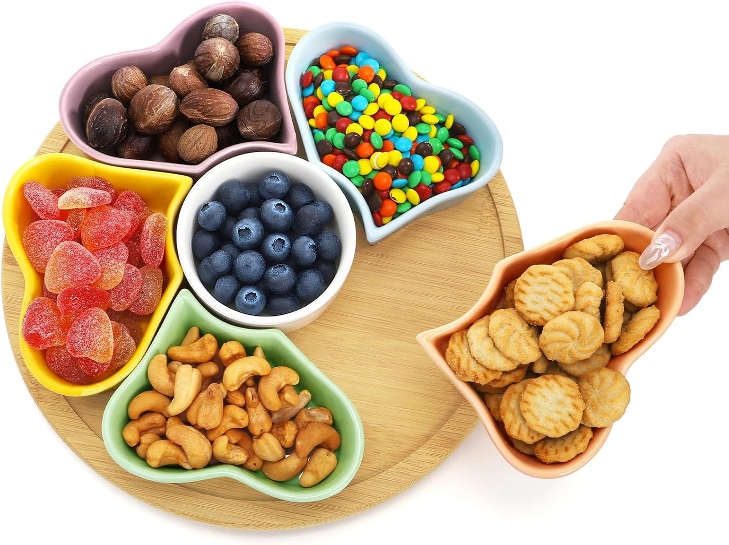 Cididu 11'' Lazy Susan Serving Tray, Ceramic 360° Rotating Serving Tray Platters, Removable Divided Appetizer Relish Dish, Heart Shape Snack Bowl Set for Party Kitchen Fruit Veggies Cheese, 7 Pieces