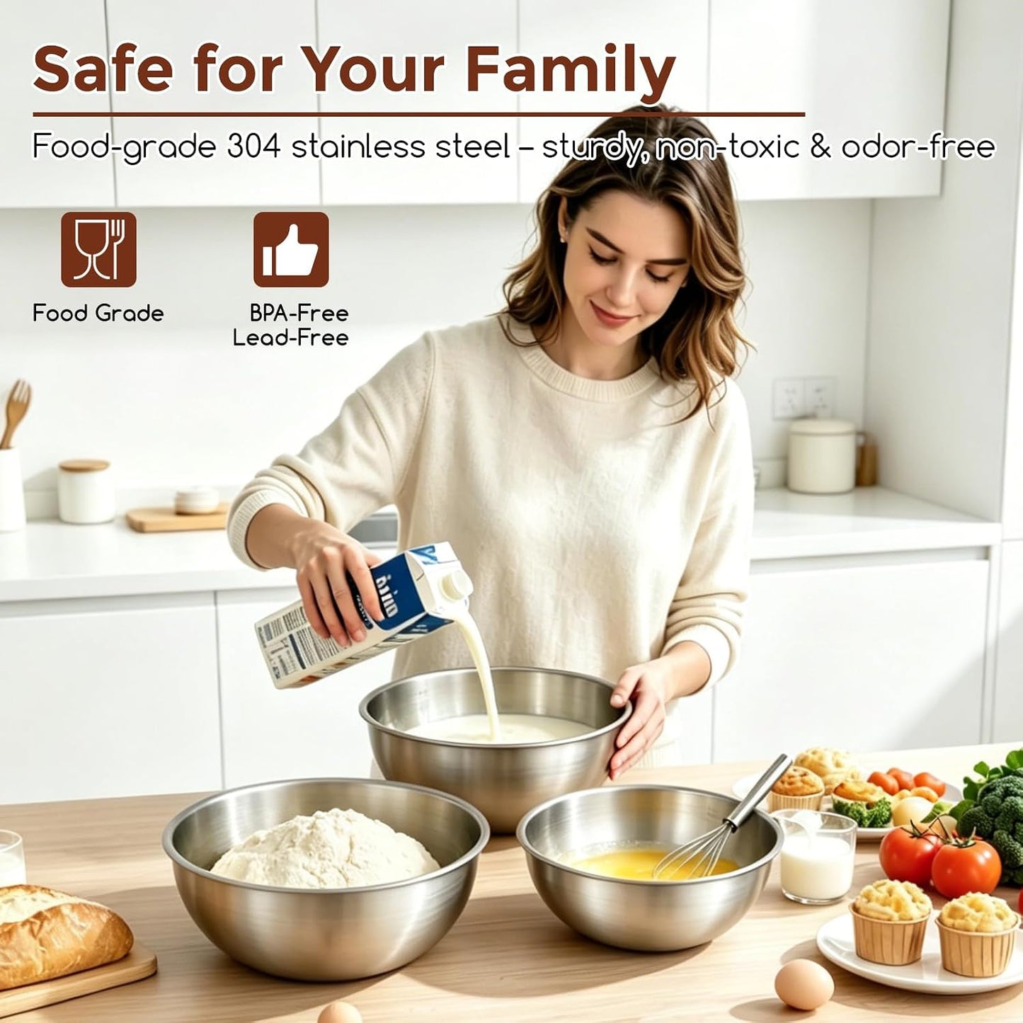 Gronivex 304 Stainless Steel Mixing Bowls, 3-Piece (1.5, 2.2 & 3.4 Qt) | Thicker-Gauge, Food-Grade Metal, Stackable Nesting & Space-Saving – For Kitchen Baking, Salads, Meal Prep, RV & Camping Use