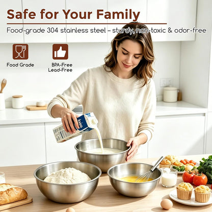Gronivex 304 Stainless Steel Mixing Bowls, 3-Piece (1.5, 2.2 & 3.4 Qt) | Thicker-Gauge, Food-Grade Metal, Stackable Nesting & Space-Saving – For Kitchen Baking, Salads, Meal Prep, RV & Camping Use