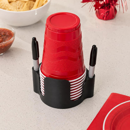 Party Cup Dispenser with Marker Holder – Stackable Plastic Cup Organizer for Parties, Events, BBQs, Picnics, Graduations & Drink Stations, Cup and Marker Caddy, Black (Red)