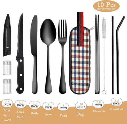Portable Travel Utensils Set, 18/8 Stainless Steel 3 PCS Cutlery Set Including Knife Fork and Spoon, Reusable Travel Silverware Set with Case for Lunch Box Camping School Office