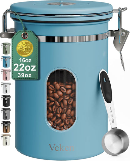 Veken Coffee Canister with Window, Family Choice Awards Winner, Airtight Stainless Steel Home Kitchen Food Storage Container with Lids for Grounds, Beans, Tea, Flour,Cereal,Sugar Jars,Scoop,16OZ,Black