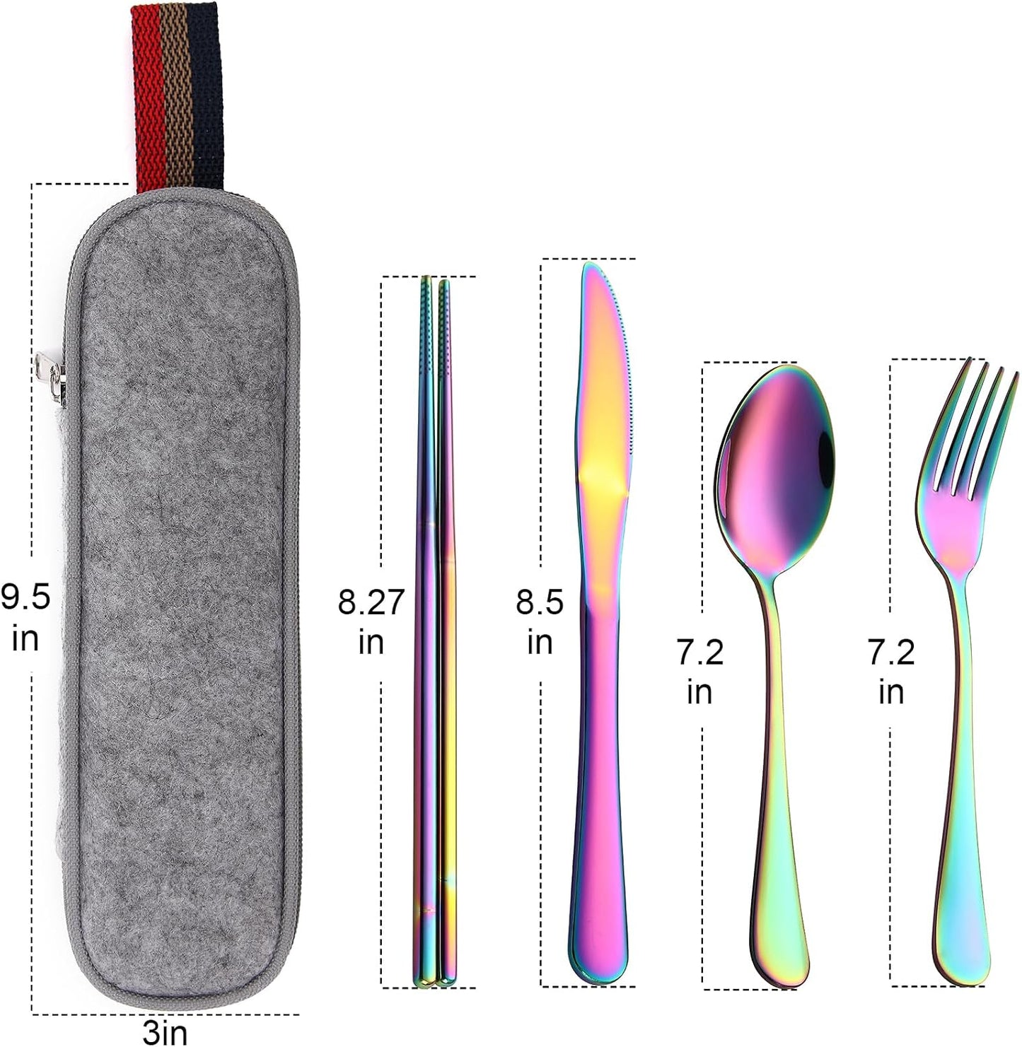 DEVICO Camping Utensils, Full-Size Reusable Silverware for Lunch Adult, Stainless Steel Travel Cutlery Set with Case, Portable Fork Spoon Knife Set for Work, Flatware with Chopsticks (Rainbow)
