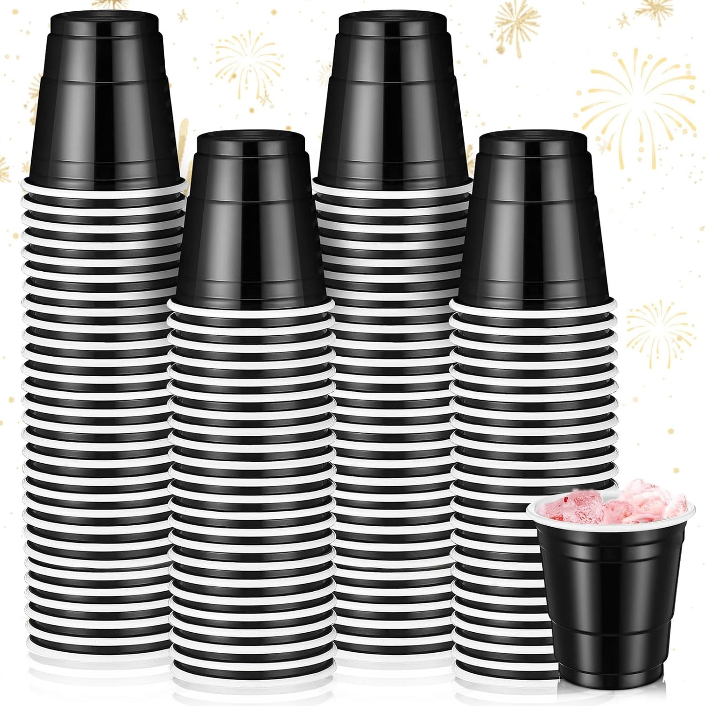 Roshtia 100 Pack 2 oz Plastic Shot Cups, Mini Disposable Shot Glasses 2 oz Wedding Party Cups for Bridal Shower Wedding Party, Beer Taste Serving, Snacks(Black, Gold)