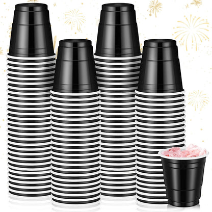 Roshtia 100 Pack 2 oz Plastic Shot Cups, Mini Disposable Shot Glasses 2 oz Wedding Party Cups for Bridal Shower Wedding Party, Beer Taste Serving, Snacks(Black, Gold)