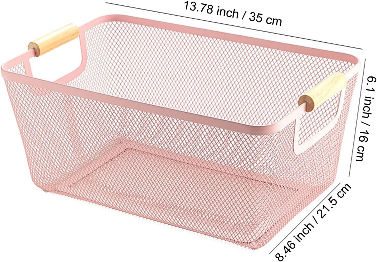 AJIODA Metal Mesh Steel Basket, Large Wire Storage Organizer Basket Multi-function Hanging Kitchen Baskets with Wood Handle for Kitchen Bathroom Picnic Home, Rectangle-Off White