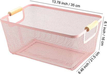 AJIODA Metal Mesh Steel Basket, Large Wire Storage Organizer Basket Multi-function Hanging Kitchen Baskets with Wood Handle for Kitchen Bathroom Picnic Home, Rectangle-Off White