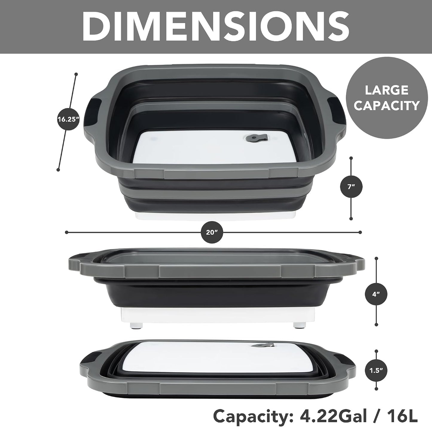 Collapsible Cutting Board(2.11 Gal/8L), BBQ Prep Tub with Locking Lid, Foldable Camping Sink with Colander, Multifunction Dish Basin for Kitchen, Bowl, Vegetable and Fruit, Storage Basket for Picnic