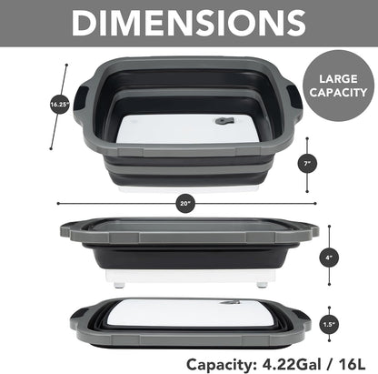 Collapsible Cutting Board(2.11 Gal/8L), BBQ Prep Tub with Locking Lid, Foldable Camping Sink with Colander, Multifunction Dish Basin for Kitchen, Bowl, Vegetable and Fruit, Storage Basket for Picnic